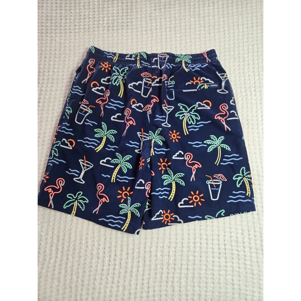 Chubbies Mens Navy Neon Flamingo Palm‎ Tree Swim Trunks 7 Inch Inseam Large